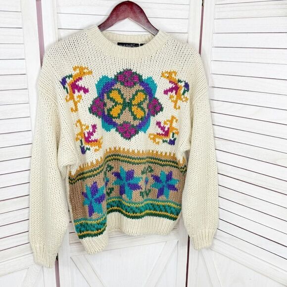 Vintage Rafferty 80s 90s Floral Chunky Knit Sweater Ivory Large Crewneck - Picture 7 of 11